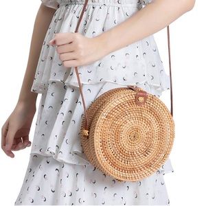 Handwoven Round Rattan Bag Shoulder Leather Straps Natural Chic Boho Hand